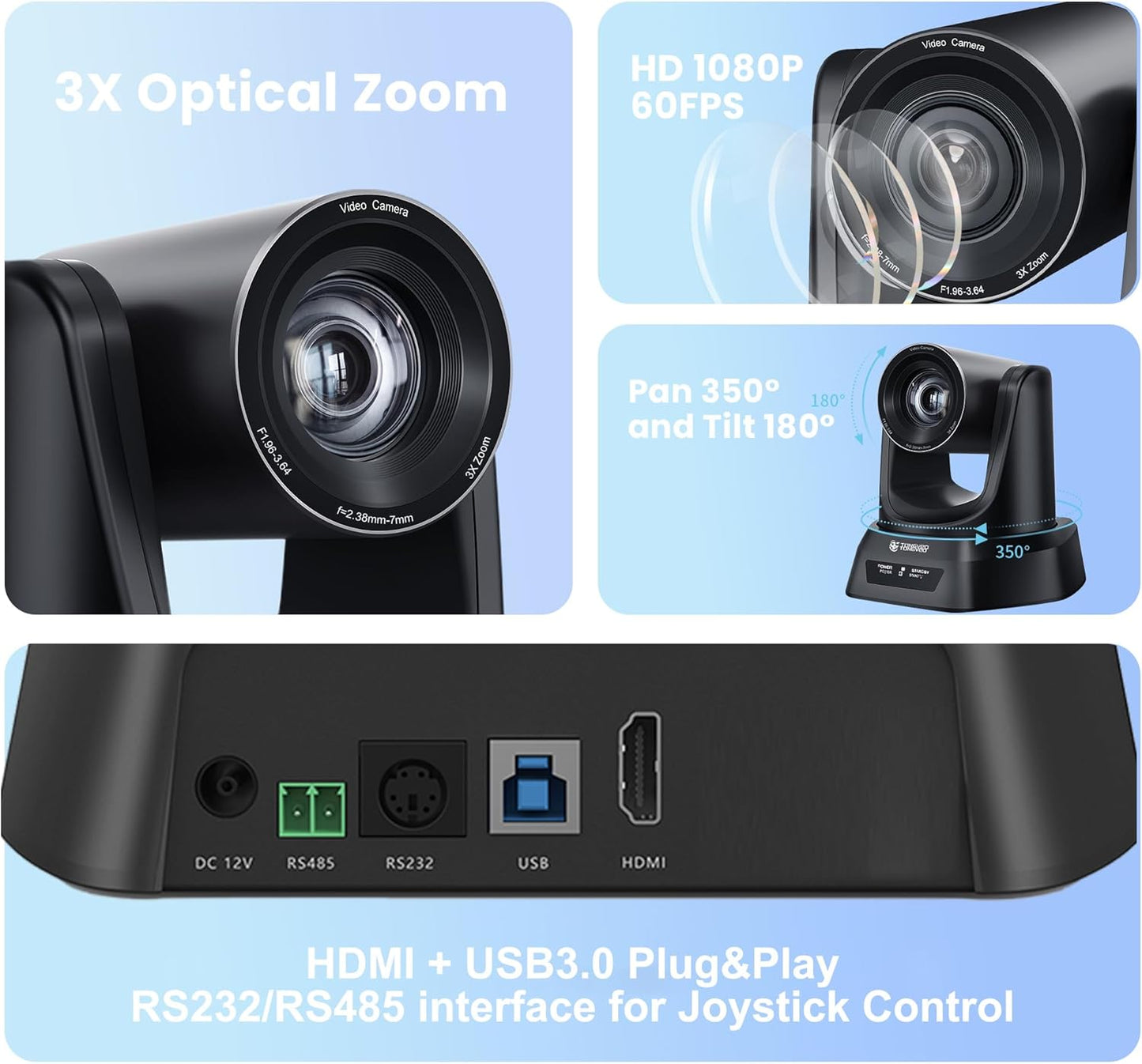 TONGVEO 3X Optical Zoom PTZ Camera HDMI USB 3.0 1080P 60fps 114-Degree Wide-Angle for Video Conference Business Meeting Live Streaming Online Learn with Zoom YouTube Teams OBS and More