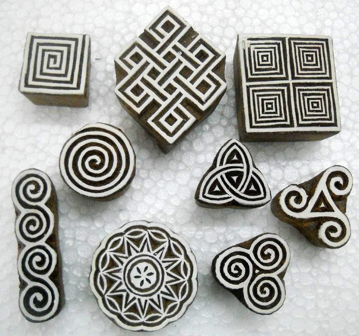CRAFTSOFINDIA I Set of 9 I Premium Hand-Carved Wooden Block Stamps for Textile, Paper, Clay, Tattoo - Enhanced Print Impressions