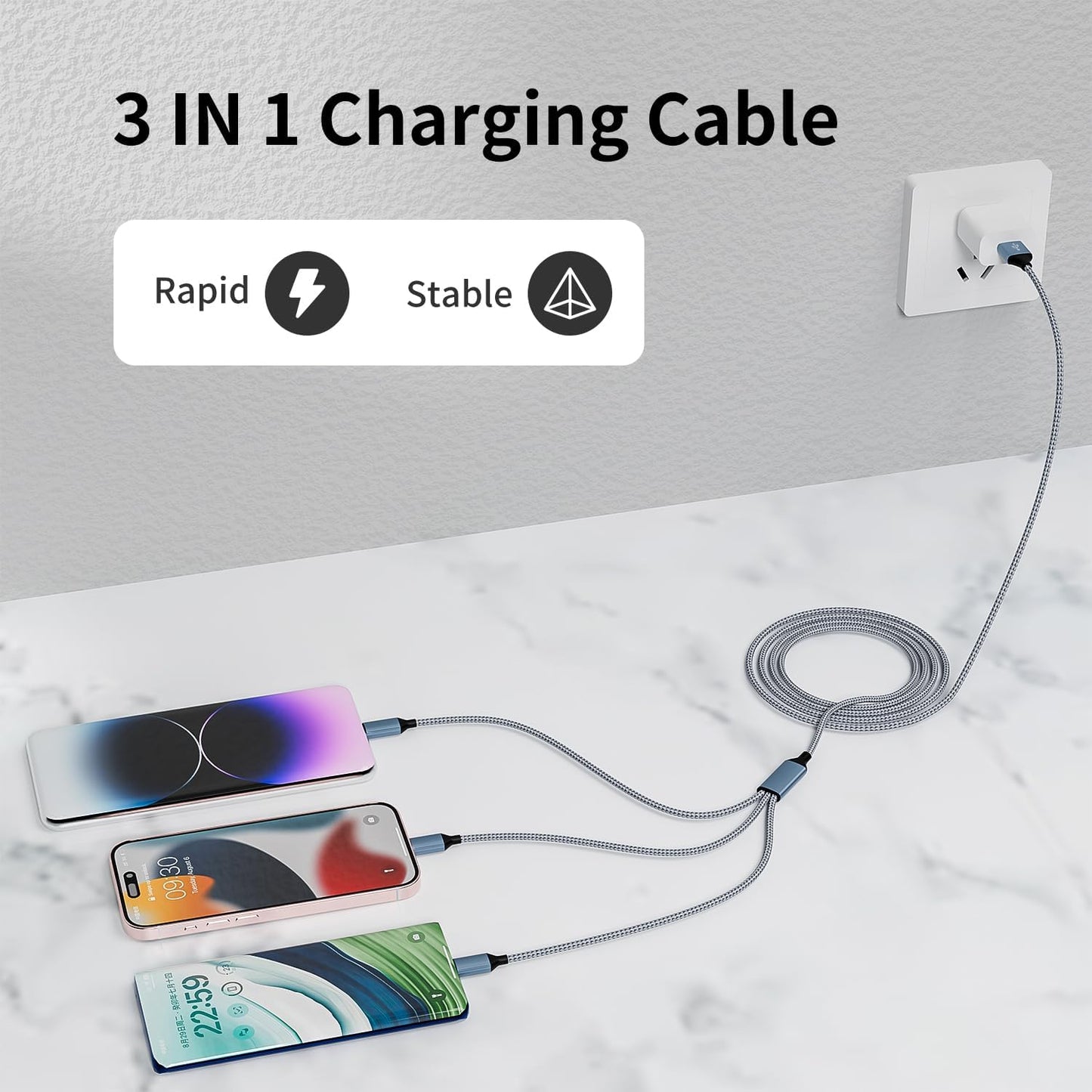 Multi Charging Cable(3Pack 4FT), 3 in 1 Charging Cable for Multiple Devices, Multi Phone Charger Cord with Type-C, Micro USB and IP Port for iPhone 16/15/14/13/iPad/Android/Tablets and More