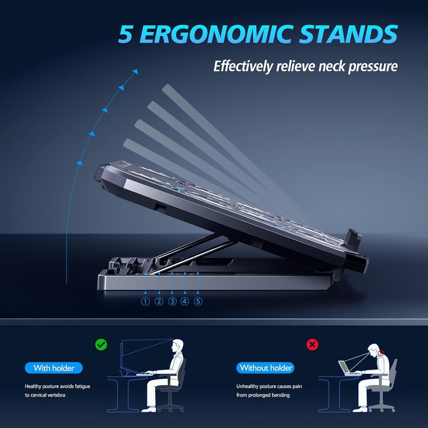 Laptop Cooling Pad,Gaming Laptop Cooler with 5 Quiet Fans for 12-15.6 Inch,Laptop Cooling Stand with 5 Height Adjustable,2 USB Ports, Phone Stand