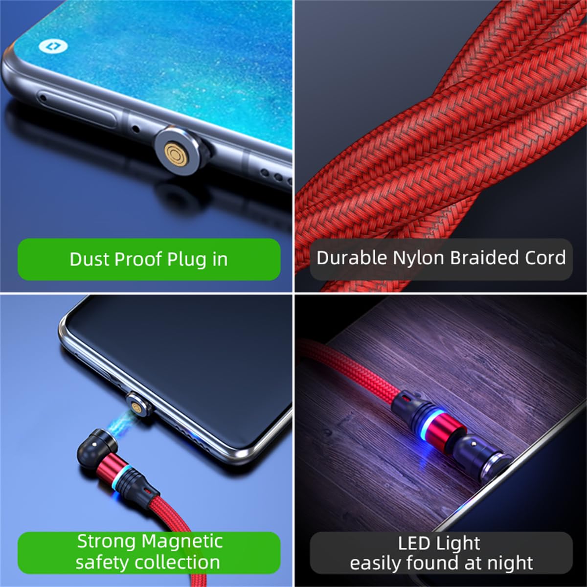 Magnetic Charging Cable (6-Pack,1.6+3.3+3.3+6.6+6.6+10ft) 540° Rotation Magnet Phone Charger USB C Cable 3A Fast Charging Magnetic Charger Cable with LED Light for Micro USB Type C Device
