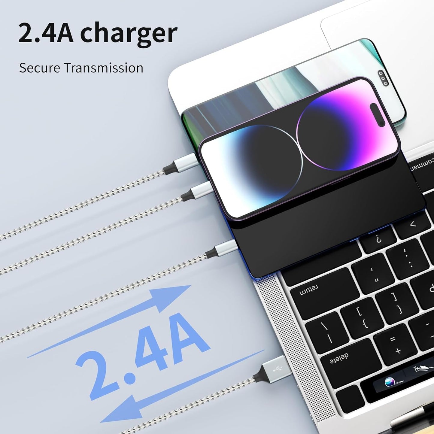 Multi Charging Cable, (2 Pack 4FT) Multi USB Charger Cable 3 in 1 Charging Nylon Braided Fast Charging Cord with Type-C, Micro USB, IP Port for Most Phones/iPhones/Tablets