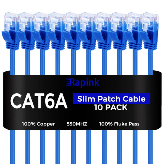 Rapink Cat6a 2ft Ethernet Patch Cables (10 Pack), Slim, Flexible, 10G Support, Gold Plated, Cat6a Ethernet Cable for Patch Panel to Switch, Space Saving, High Density Environments