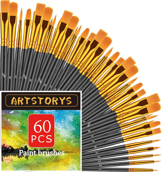 Paint Brushes Set, 60 Pcs Paint Brushes for Acrylic Painting, Oil Watercolor Acrylic Paint Brush, Artist Paintbrushes for Body Face Rock Canvas, Kids Adult Drawing Arts Crafts Supplies, Black
