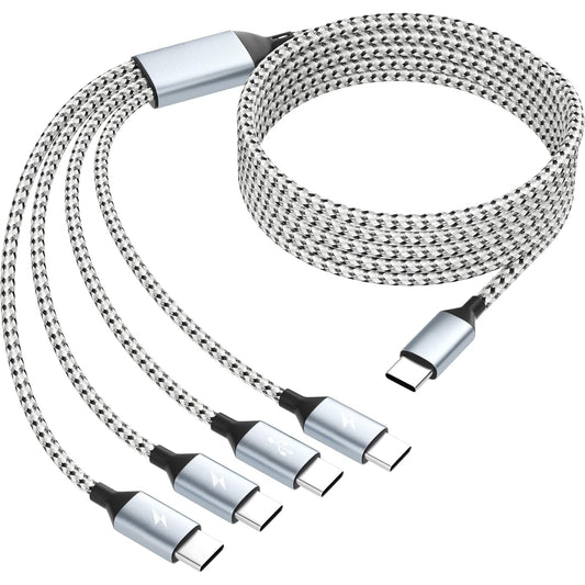 USB C Multi Charging Cable, Dual Type C Cable 1Pack 5FT, USB C Splitter with 4 Type-C Connectors,4 in 1 Multiple Nylon Braided Cable Compatible with iPhone 17 16 15 Pro Max/Galaxy/Tablets/Google.