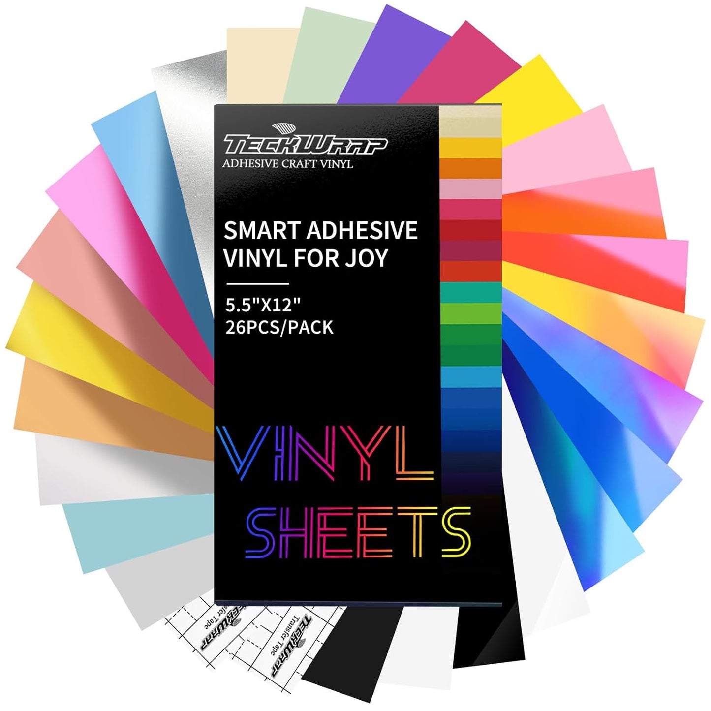TECKWRAP 5.5"x12" Smart Adhesive Vinyl 25 Colors Holographic Chrome, Matte & Glossy Permanent Vinyl Bundle & 2 PCS Transfer Tape - No Need Cutting Mat- Compatible with Joy Machine for Handcrafts