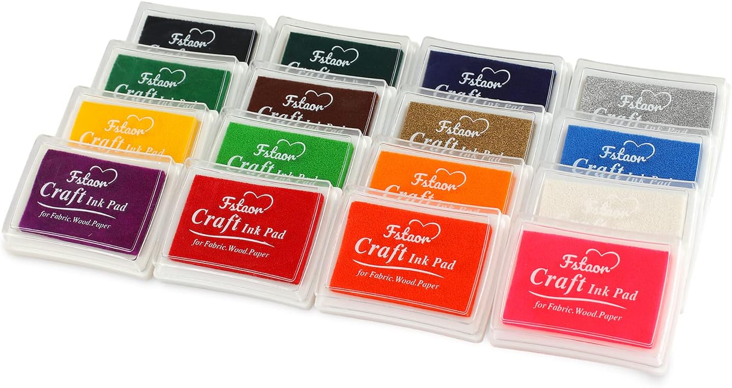 Fstaor 16 Colors Washable Stamp Ink Pads for Kids Crafts, Fingerprint Ink Pads for Stamps on Paper, Fabric, Wood & DIY Art Projects (16 Pack)