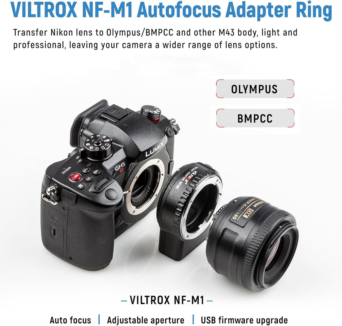 VILTROX NF-M1 Lens Adapter, Auto Focus Lens Converter Ring Camera Lens Mount Adapter Compatible with Nikon F-Mount AF AF-S AF-P AF-I Lens to M4/3 Mount Camera(Olympus/BMPCC)