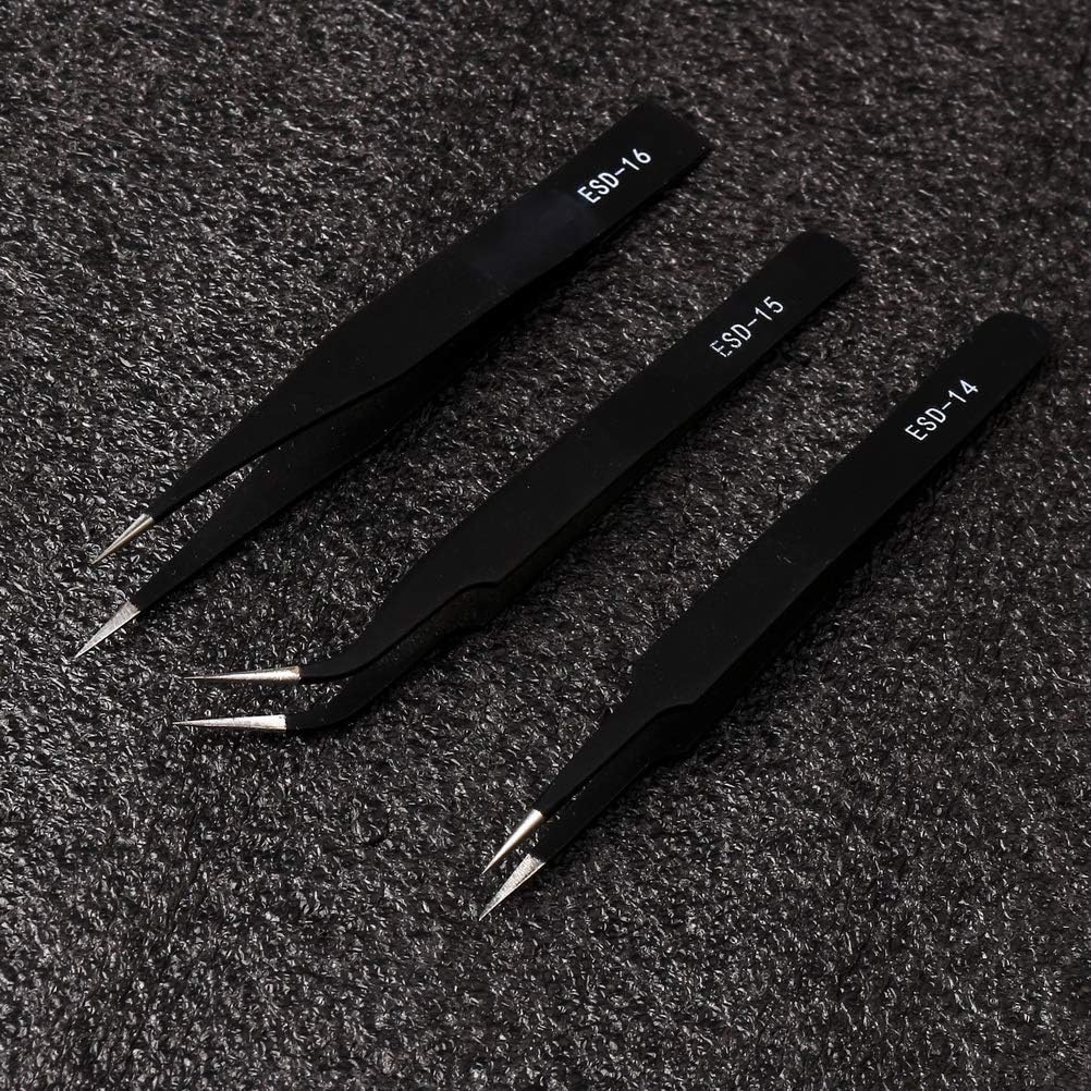 Precision ESD Anti-Static Tweezers, 7 pcs Stainless Steel Tweezers Set for Electronics, Jewelry-making, Laboratory Work, Repairing, Hobbies