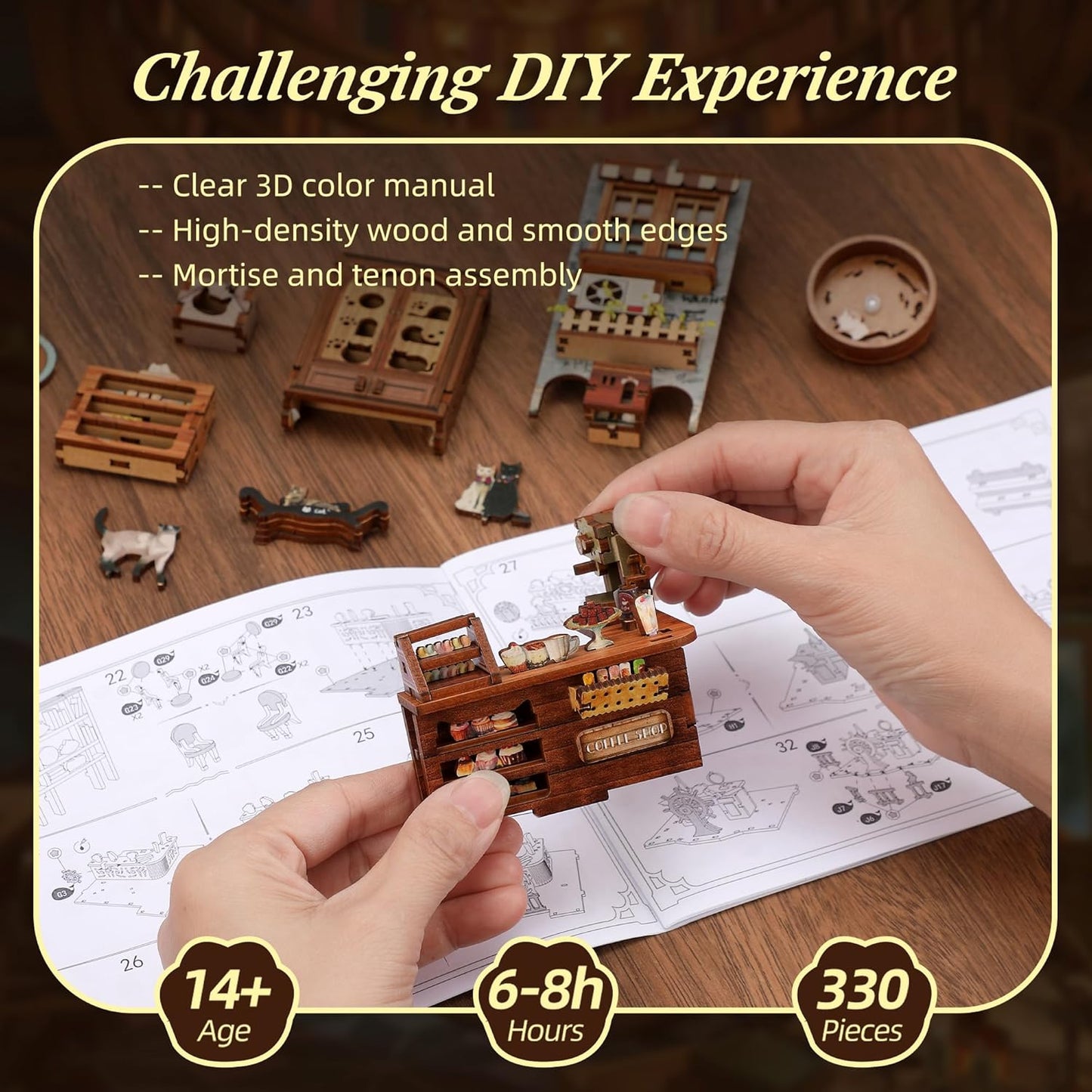 3D Wood Puzzle Book Nook Kit, Caramel Dream Cat Café Bookshelf Insert with LED Lights, DIY Miniature Bookend Décor for Display, Cozy Craft Gift for Cat Lovers and Teens (Caramel Dream)