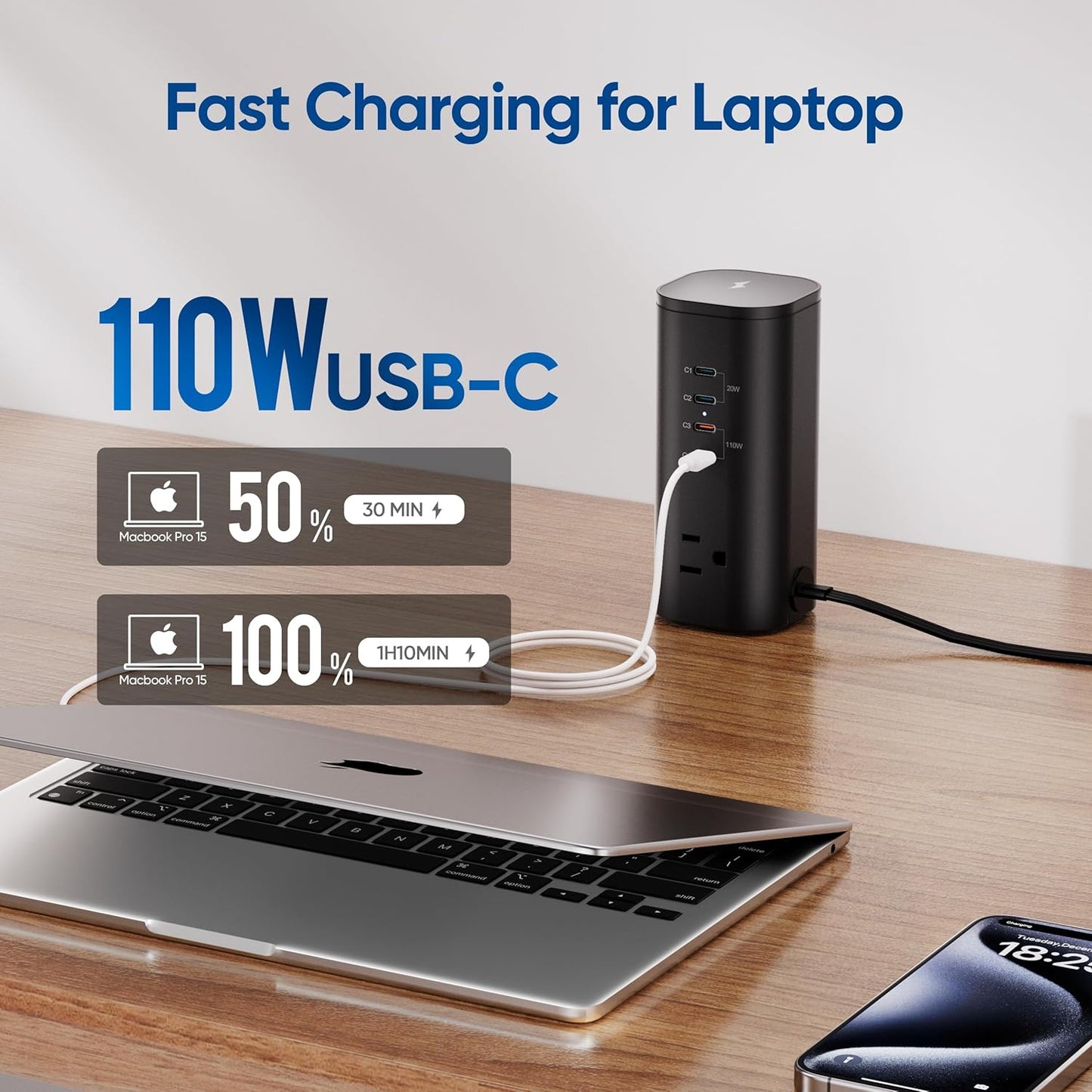 Surge Protector Power Strip Tower, TenTrend 160W Fast Charging Station with 3 AC Outlets & 8 USB Ports (4 USB-C), 5 FT Flat Plug Extension Cord with Multiple Outlets for Home Office