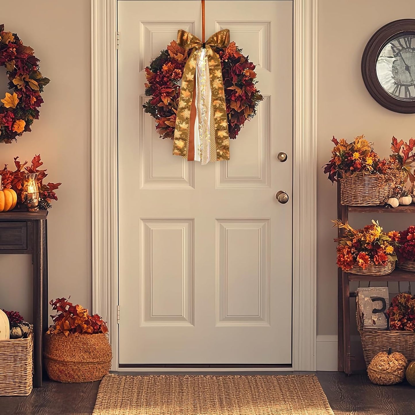 Large Maple Leaf Ribbons Bow for Wreath, Orange Glitter Dot Fabric Ribbons Set Assorted Leaf Lace Ribbon Stripe Clip-On Wreath Sash Ribbon Bundle for Fall Thanksgiving Home Indoor Outdoor Decor