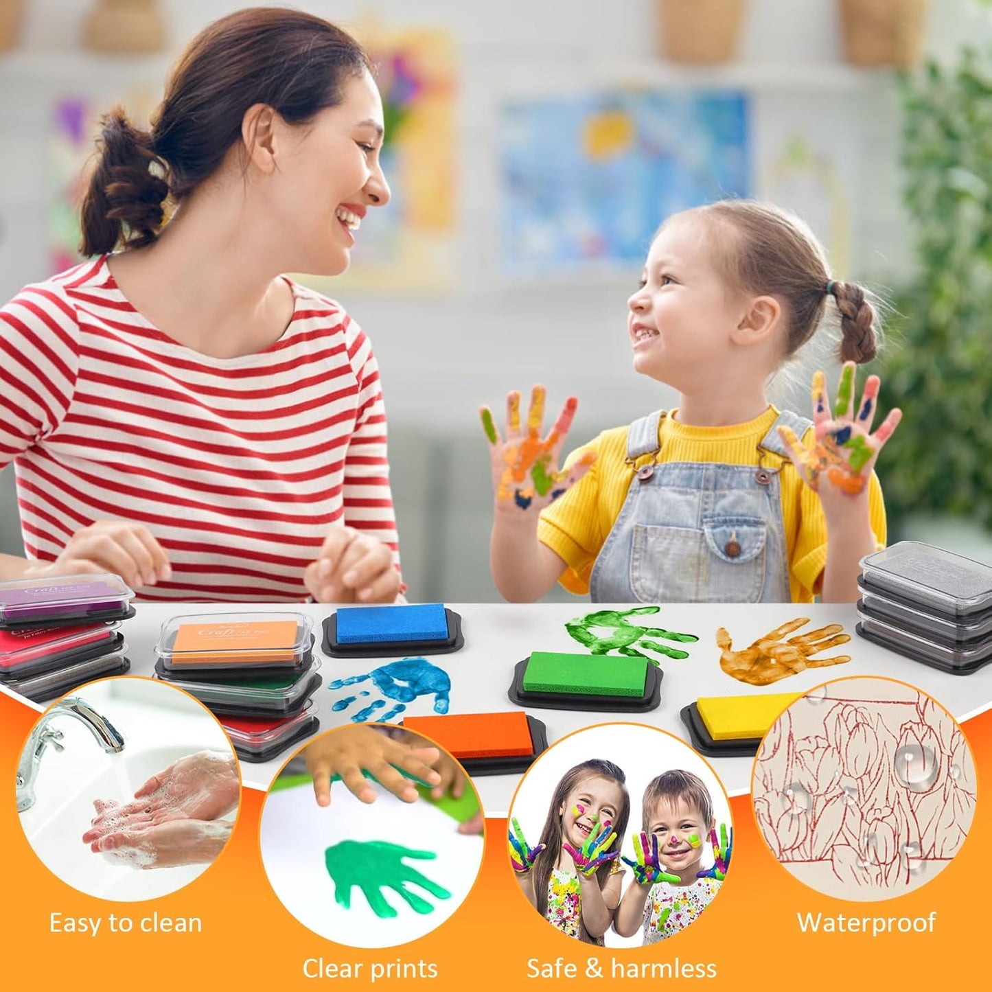 Large Finger Ink Pads for Kids Washable Craft Ink Stamp Pads, 16 Color DIY for Rubber Stamps, Paper, Scrapbooking, Wood Fabric, Best Gift for Kids(Each Sponge Size 2.87"X1.77")