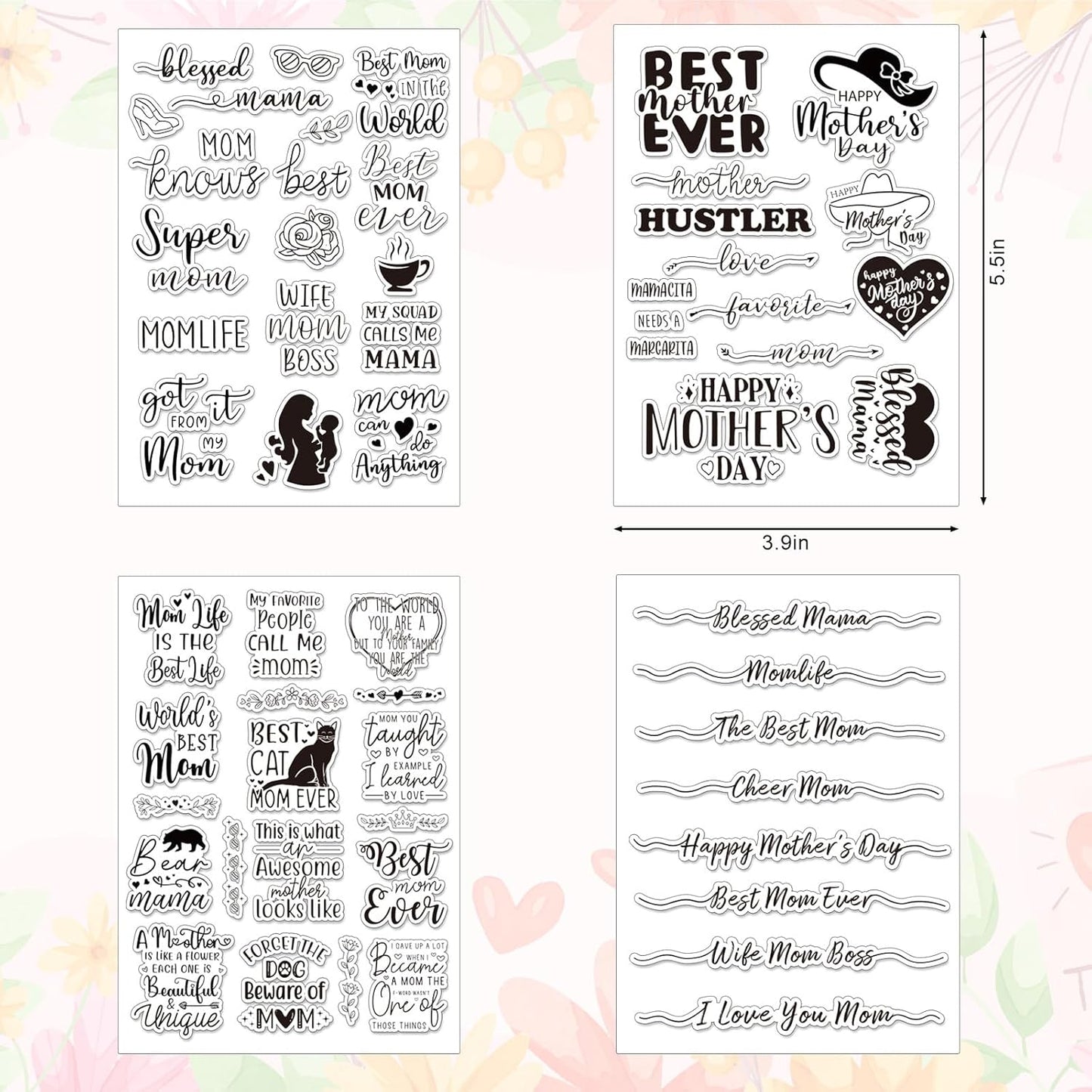 Whaline 4 Sheets Mother's Day Clear Stamps Greeting Words Silicone Transparent Stamps for DIY Craft Card Making Scrapbooking Embossing Album Decor