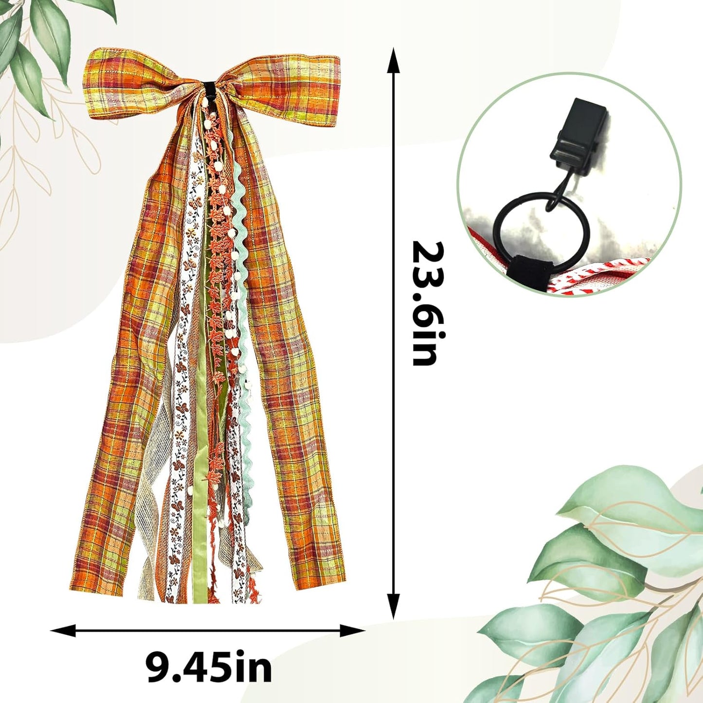 Large Fall Ribbon Bow for Wreath, Orange Buffalo Plaid Fabric Ribbons Set Assorted Lace Ribbon Fall Clip-On Wreath Sash Ribbons Bundle for Thanksgiving Indoor Outdoor Decor