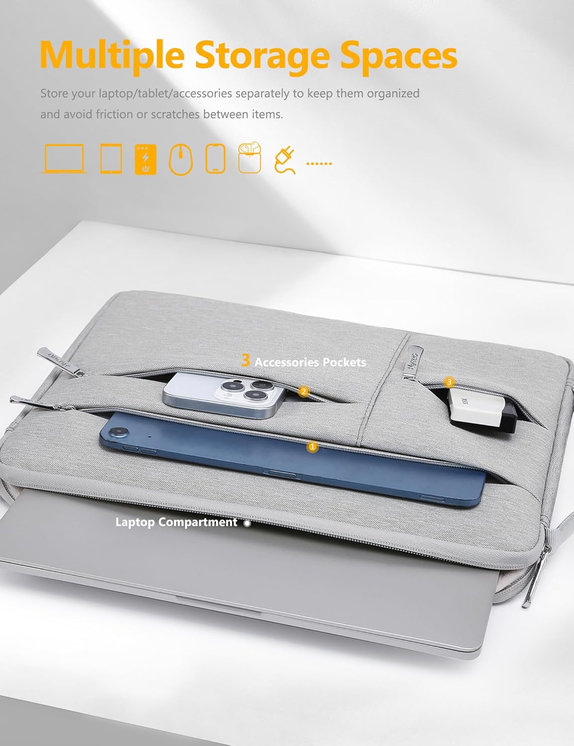 HYZUO 14-15 Inch Laptop Sleeve Bag for MacBook Air 15 M4 M3 M2, MacBook Pro 15, 15" Surface Laptop, XPS 14/15 Plus, Portable NoteBook Case for 14" HP Dell Lenovo ThinkPad Acer, Light Gray