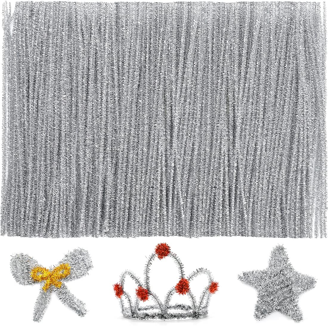 Iooleem 200pcs Silver Glitter Pipe Cleaners, Glitter Chenille Stems, Pipe Cleaners for Crafts, Pipe Cleaner Crafts, Art and Craft Supplies, Christmas Pipe Cleaners.
