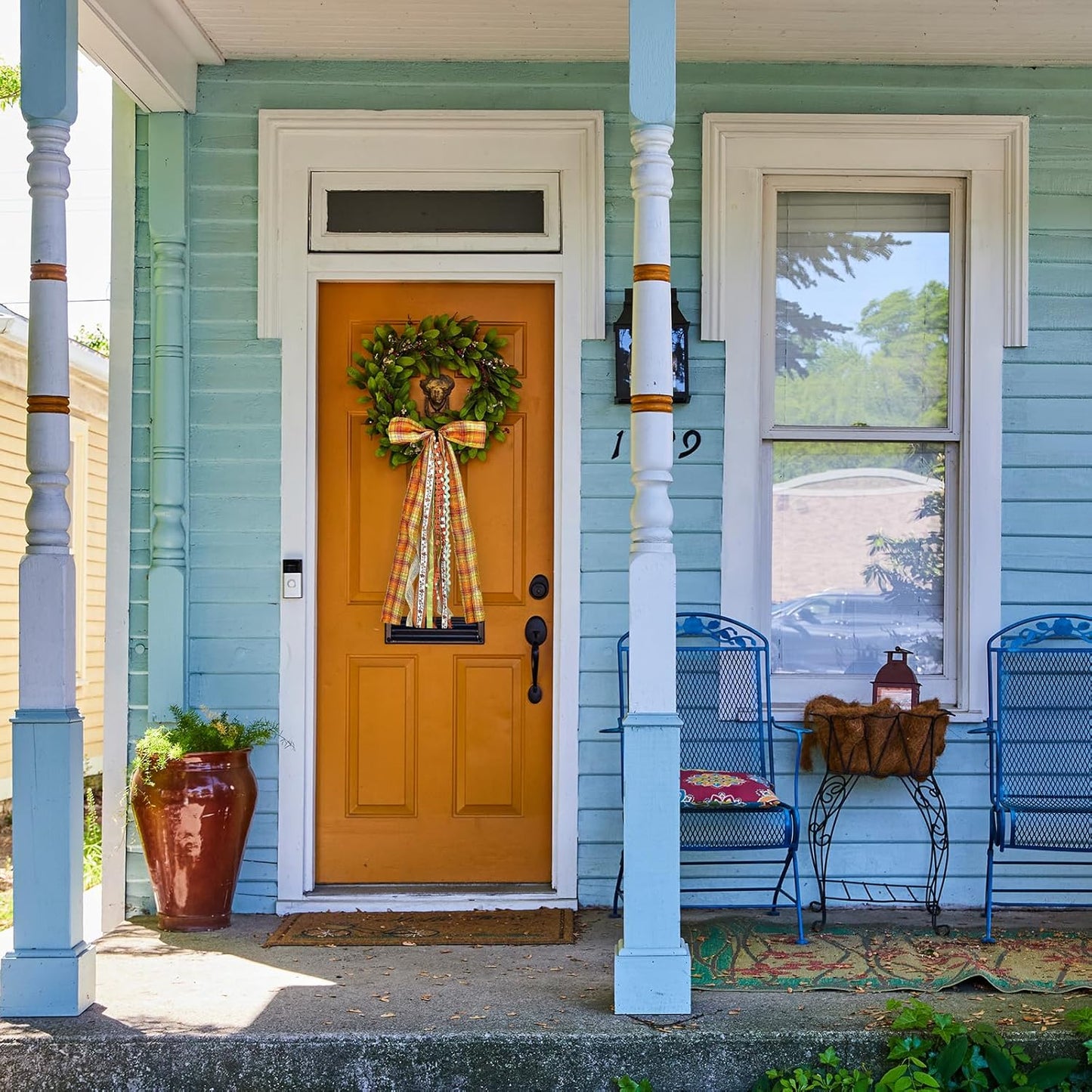 Large Fall Ribbon Bow for Wreath, Orange Buffalo Plaid Fabric Ribbons Set Assorted Lace Ribbon Fall Clip-On Wreath Sash Ribbons Bundle for Thanksgiving Indoor Outdoor Decor