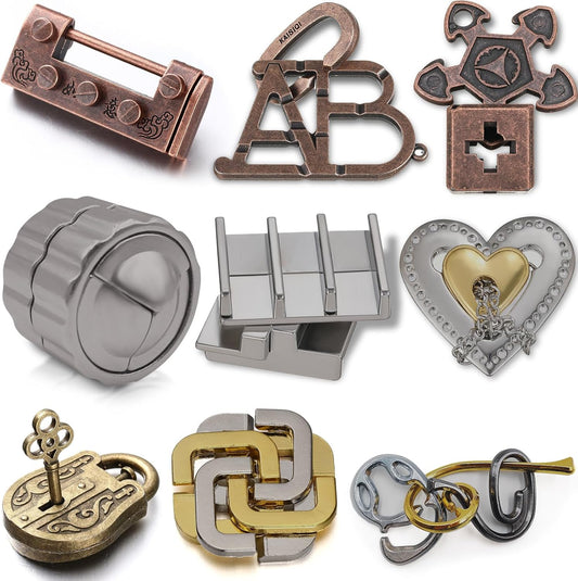 Wettarn 9 Pcs Metal Brain Teaser Puzzles Teaser 3D Steel Puzzle for Adults Unlock Interlocking Games IQ Education Smart Logic Test Toys for Adults Mind Challenge(Novelty Style)