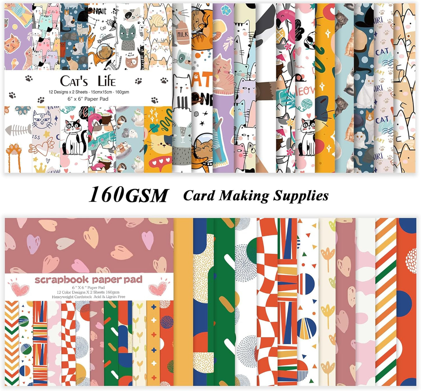 48 Sheets 24 Designs Scrapbook Paper Pad, 6"×6" Single-Sided Decopodge Craft Cardstock Paper,Scrapbooking DIY Decorative Background Cardmaking Supplies.Cat's Life&Sweet Love