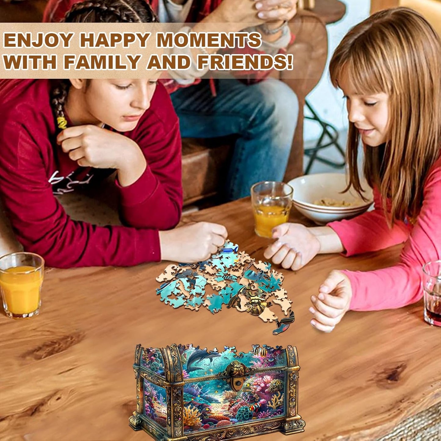 Wooden Puzzles for Adults, Treasure Chest Ocean Wooden Jigsaw Puzzle Unique Shape Animal Wood Puzzles Adult 3D Visual Effect, Birthday Gifts for Puzzle Lovers Family Games (S-8.5 * 8.1in-100pcs)