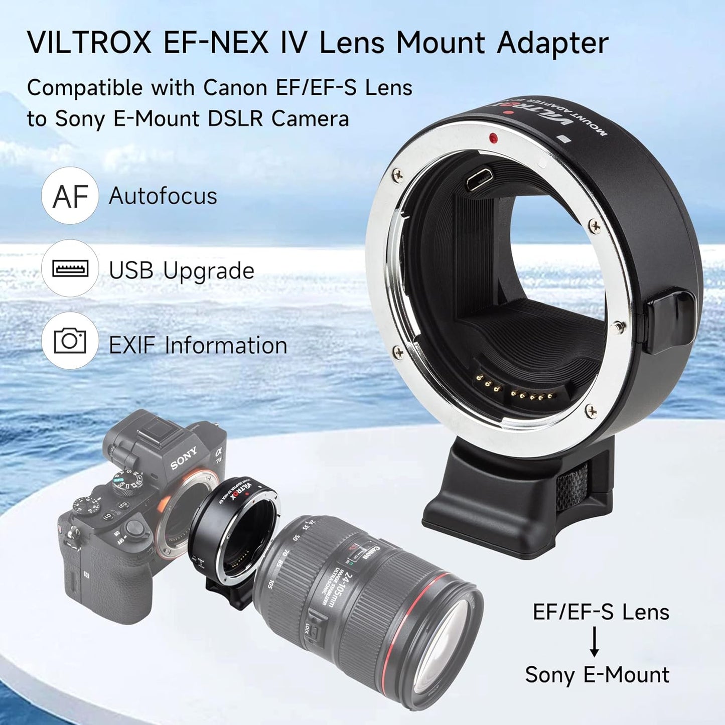 VILTROX EF-NEX IV Lens Adapter - Auto-Focus EF to E Mount Ring Compatible with Canon EF/EF-S Lens for Sony E Mount Camera: NEX A9II, A7III, A9, A7RIII, A7RII, A7R, A7M3