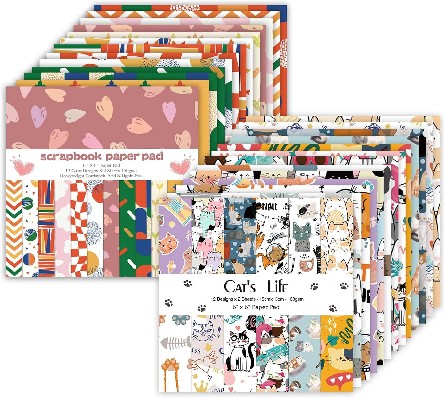 48 Sheets 24 Designs Scrapbook Paper Pad, 6"×6" Single-Sided Decopodge Craft Cardstock Paper,Scrapbooking DIY Decorative Background Cardmaking Supplies.Cat's Life&Sweet Love