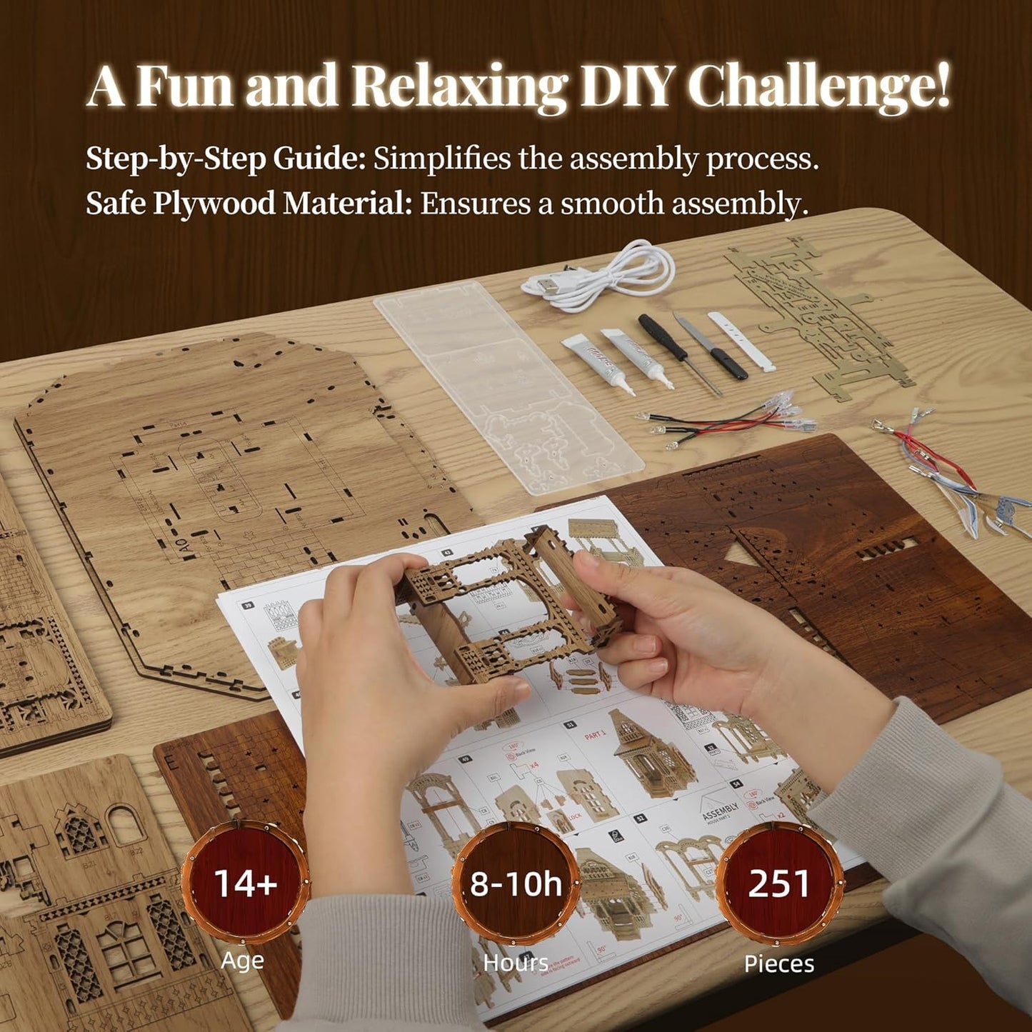 LED 3D Wood Puzzle Countryside Cottage Model - DIY Miniature Building Kit with Spark LED Lights - 3D Craft Rural Architecture Home Décor Gift for Adults