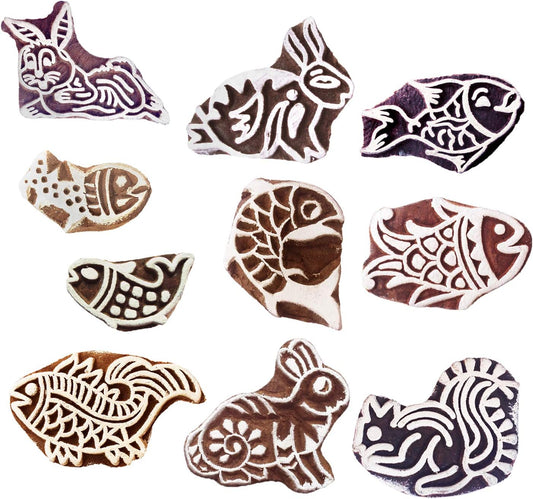 Royal Kraft Animal Wooden Printing Stamps (Set of 10) - DIY Henna Fabric Textile Paper Clay Pottery Blocks Htag2175