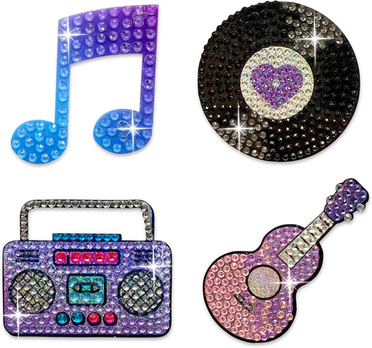 StickerBeans® Rhinestone Stickers – I Love Music 4-Pack, 2” x 2” Unique Sparkly Cut-to-Shape for Collecting, Trading, Decorating Laptops, Phone Cases, Scrapbooks - Kids, Teens, Adults