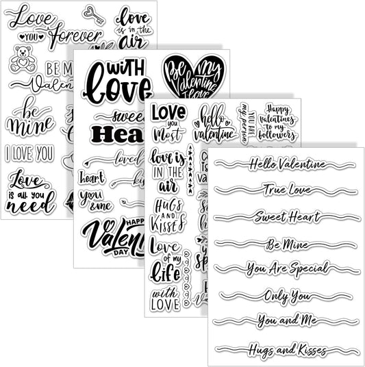 Whaline 4 Sheet Valentine's Day Words Clear Stamps Love Heart Silicone Transparent Stamps Border Stamp Cards for DIY Craft Card Making Scrapbooking Embossing Album Decor