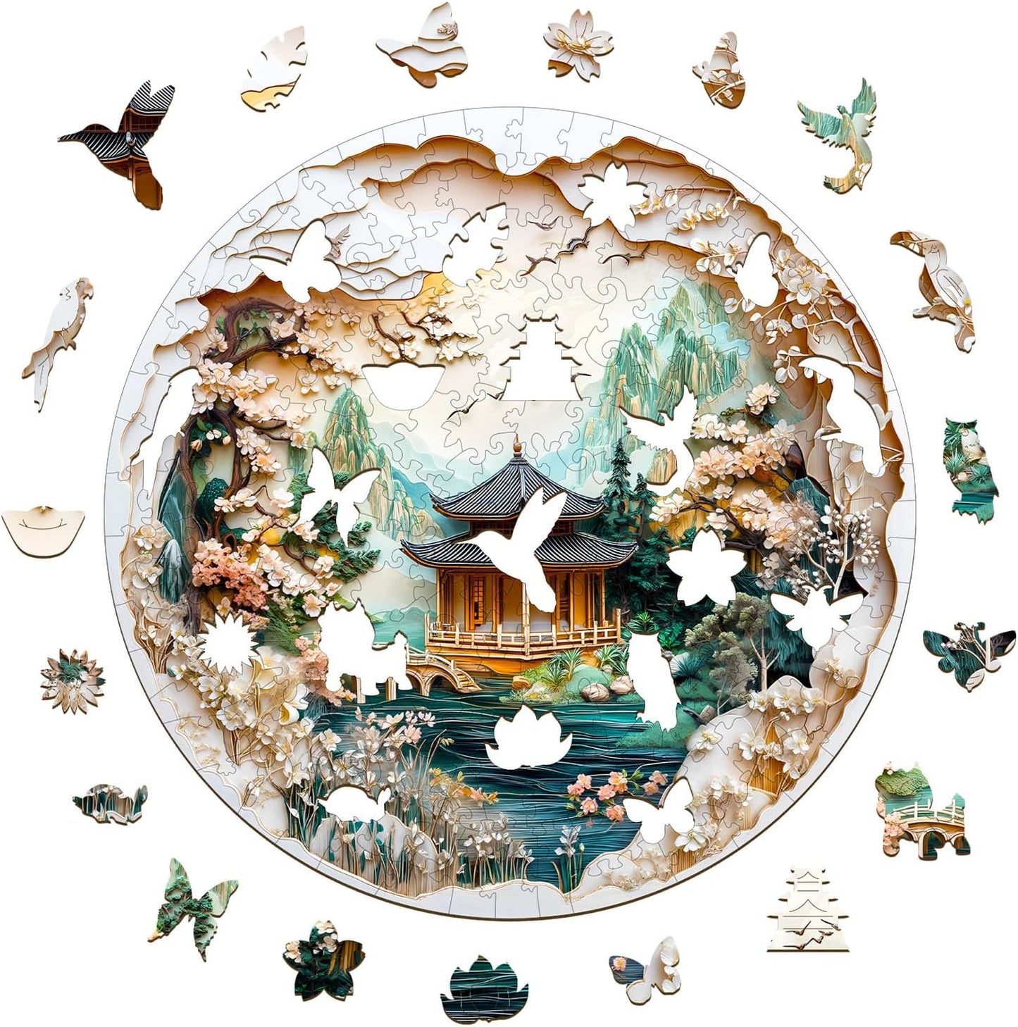 KAAYEE Wooden Puzzles for Adults, 3D Visual Effect Chinese Landscape Painting Wooden Jigsaw Puzzle Unique Shape Wood Puzzle Adult, 3D Effect Flat Puzzle Birthday Family Games (L-13.4*13.4 in-285pcs)