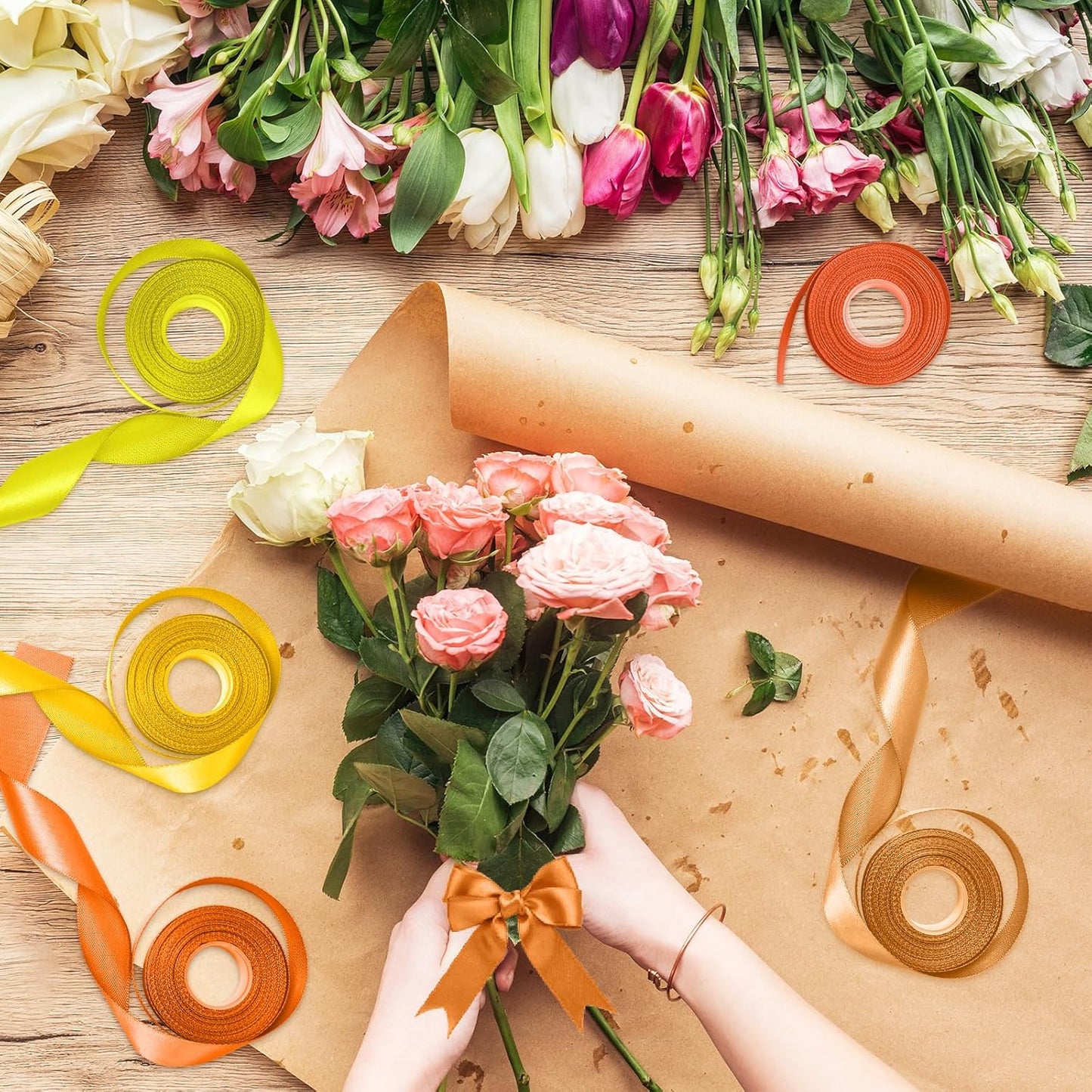 1 Inch Orange Satin Ribbons for Crafts, 6 Rolls Single-Faced Orange Assorted Ribbons for Gift Wrapping Flower Bouquet Wedding Invitations Bridal Shower Hair Bows Garland Party Decor