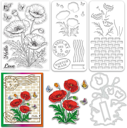 ORIGACH Realistic Corn Poppy Flower Stamps and Die and Layering Coloring Stencil Bundle for Card Making Album Arts Crafts Supplies