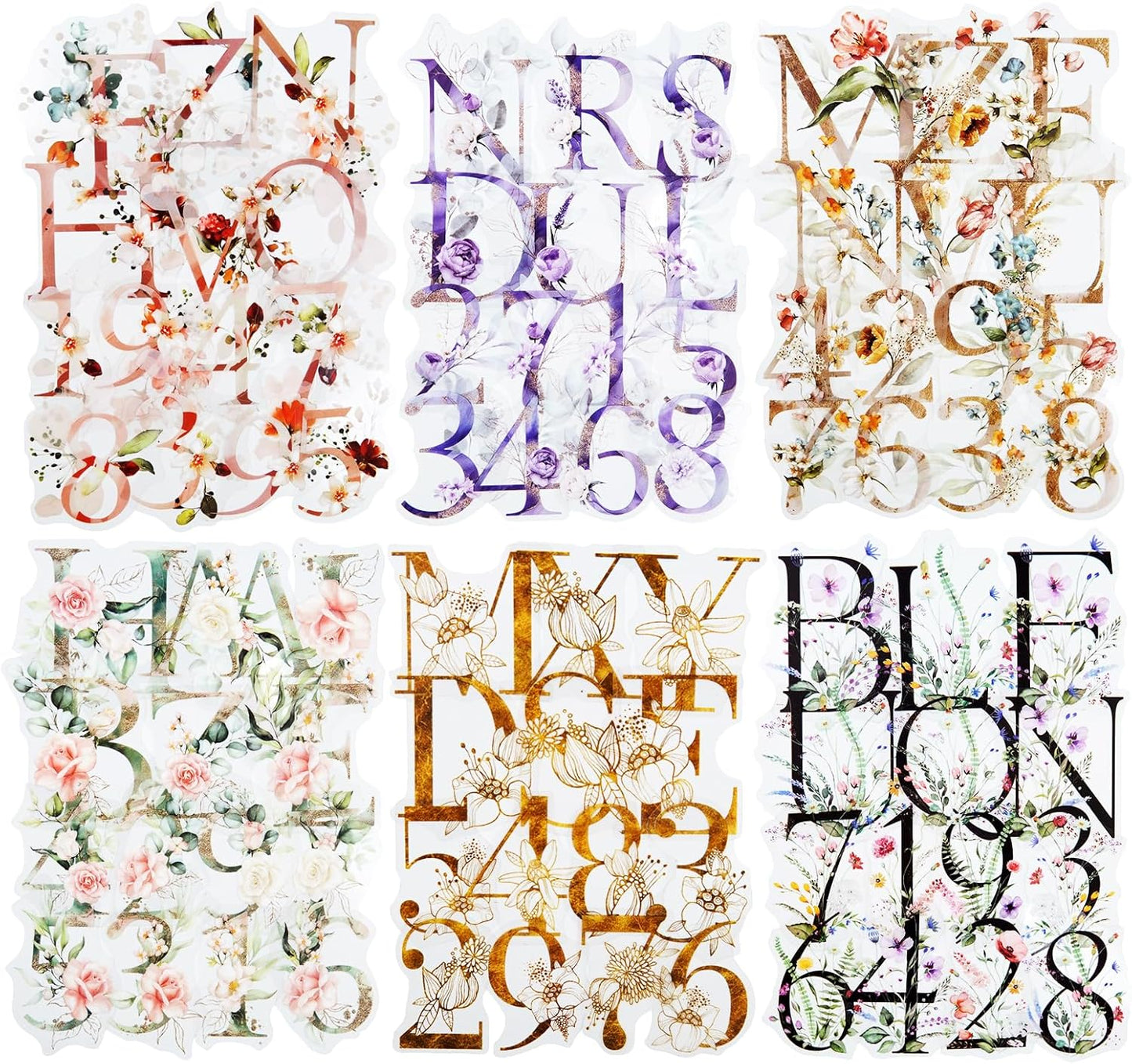 216PCS Floral Alphabet & Number Stickers Set, Waterproof Letter PET Stickers for Scrapbooking, Journaling, DIY Crafts, Card Making