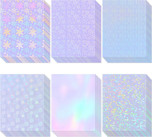 36 Sheets Holographic Sticker Paper, Clear Vinyl Laminate Film for Stickers Waterproof, Transparent Overlay Lamination Sticker Paper Self-Adhesive, 6 Patterns-8.5x11 Inch
