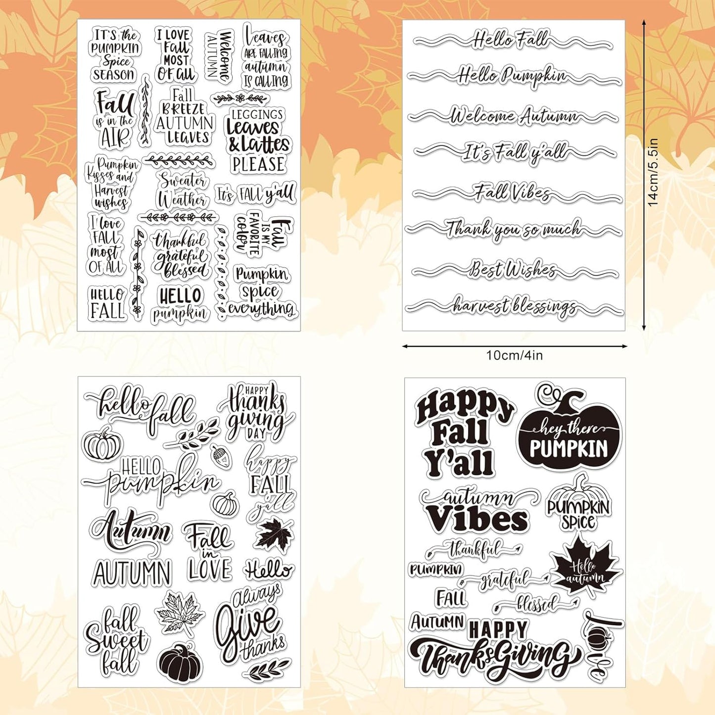 Whaline 4 Sheet Fall Thanksgiving Words Clear Stamps Greeting Words Pumpkin Maple Leaves Silicone Transparent Stamps Happy Fall Stamp Cards for DIY Craft Card Making Scrapbooking Embossing Album Decor