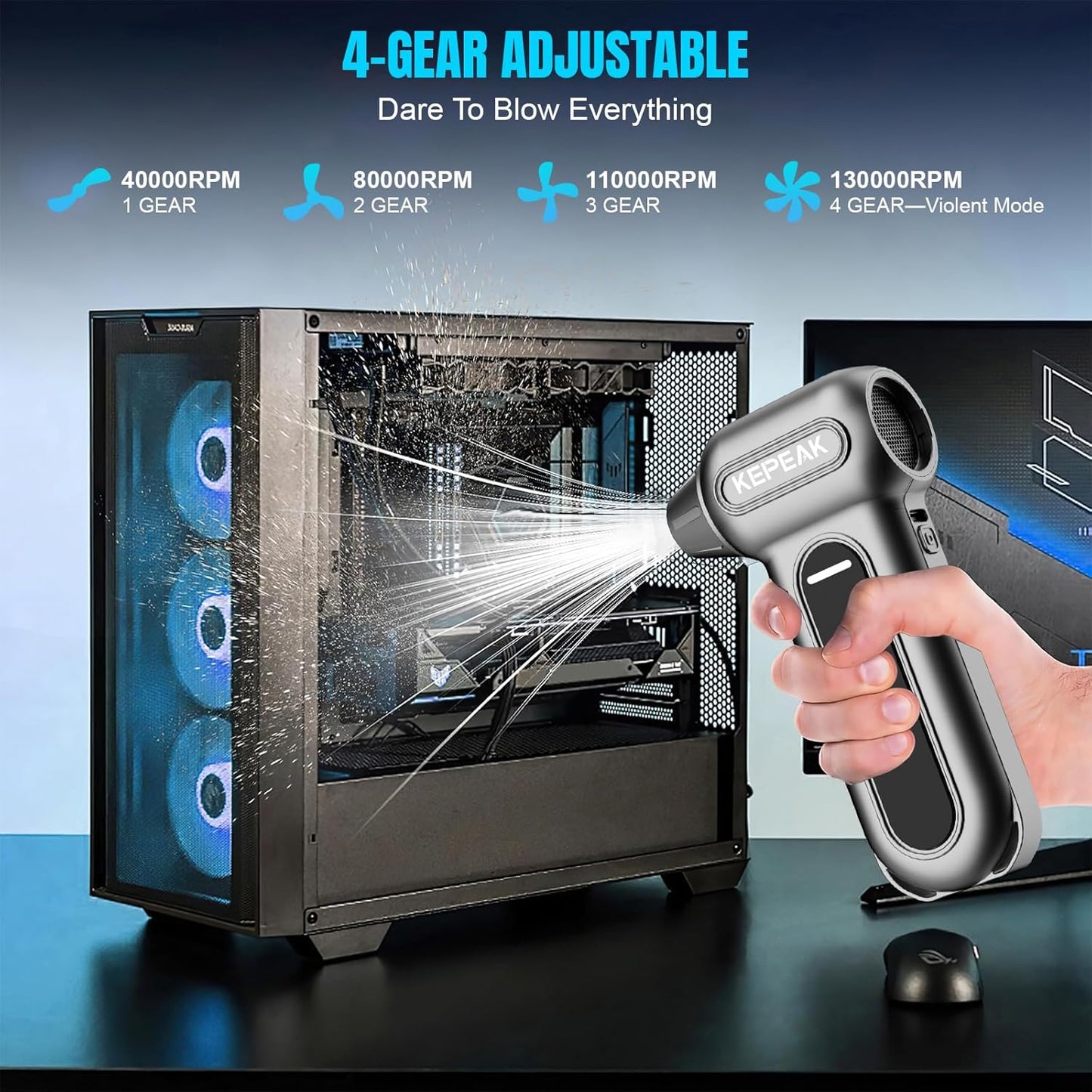 KEPEAK Electric Compressed Air Duster, 130000RPM Cordless Rechargeable Air Duster with Brushless Motor, 4 Gear Adjustable Dust Blower for Computer, Keyboard, Home, Outdoor-Replace Compressed Air Can