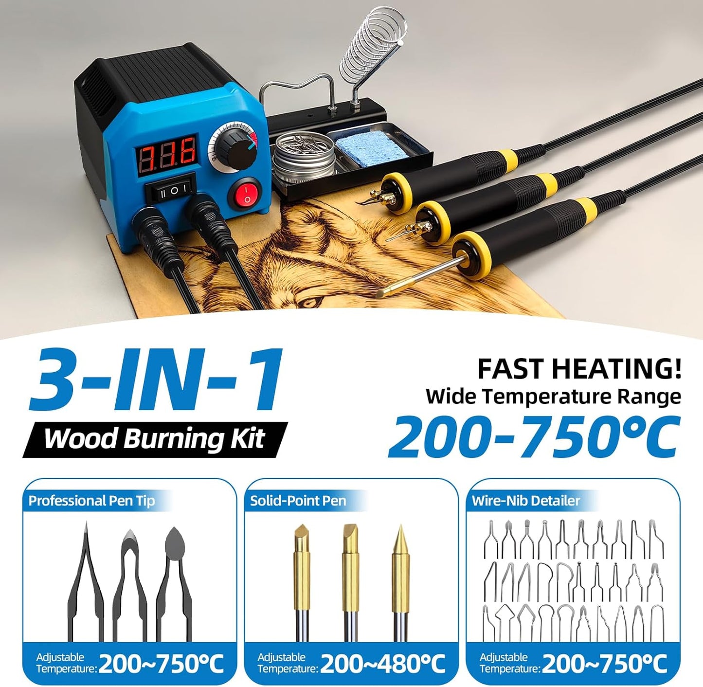 LH55-Z2-NS3 wood burning pen Wood Burning Tool Pen 200~750℃, Wood Burning kit with Digital Thermometer,3 pyrographic Wood Burning pens, 3 solid copper pen tips, 33 Wood Burning Pen Tips