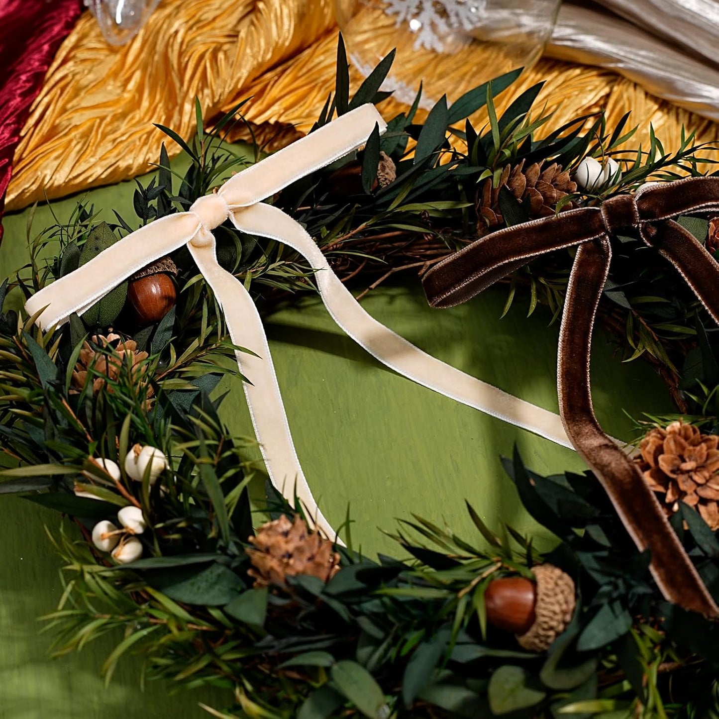 LaRibbons Thin Velvet Ribbon 3/8 Inch x 25 Yards, Cream Ivory Velvet Ribbon for Christmas Tree, Gift Wrapping, Wreath Bow, Outdoor Decoration