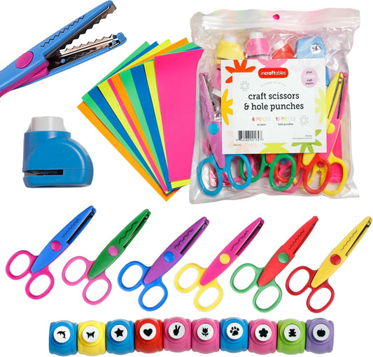 Incraftables Craft Scissors with Decorative Edge – 26 Piece Crafting Set - 6 Scissors with Fun Decorative Edge - 10 Paper Hole Punch Shapes & 10 Colorful Pieces of Paper