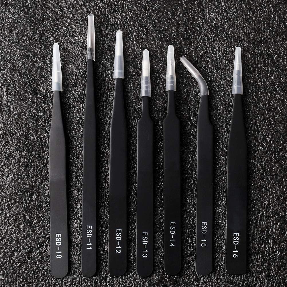 Precision ESD Anti-Static Tweezers, 7 pcs Stainless Steel Tweezers Set for Electronics, Jewelry-making, Laboratory Work, Repairing, Hobbies
