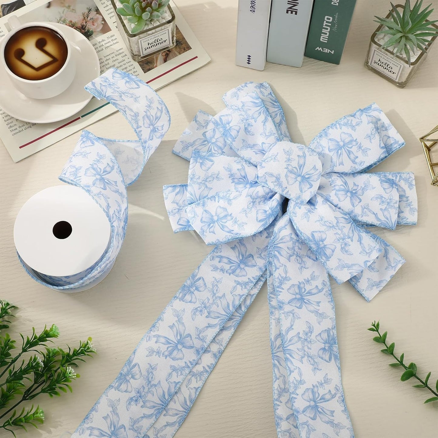 Blue Floral Bow Wired Edge Ribbon Chinoiserie Flower Bowknot Fabric Ribbon for DIY Crafts Wreath Bow Making Supplies, 12 Yard