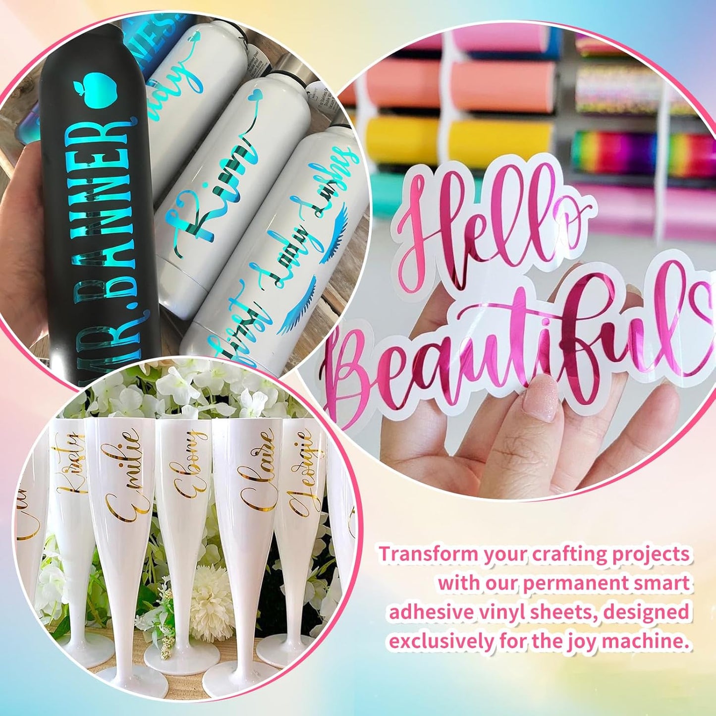 TECKWRAP 5.5"x12" Smart Adhesive Vinyl 25 Colors Holographic Chrome, Matte & Glossy Permanent Vinyl Bundle & 2 PCS Transfer Tape - No Need Cutting Mat- Compatible with Joy Machine for Handcrafts