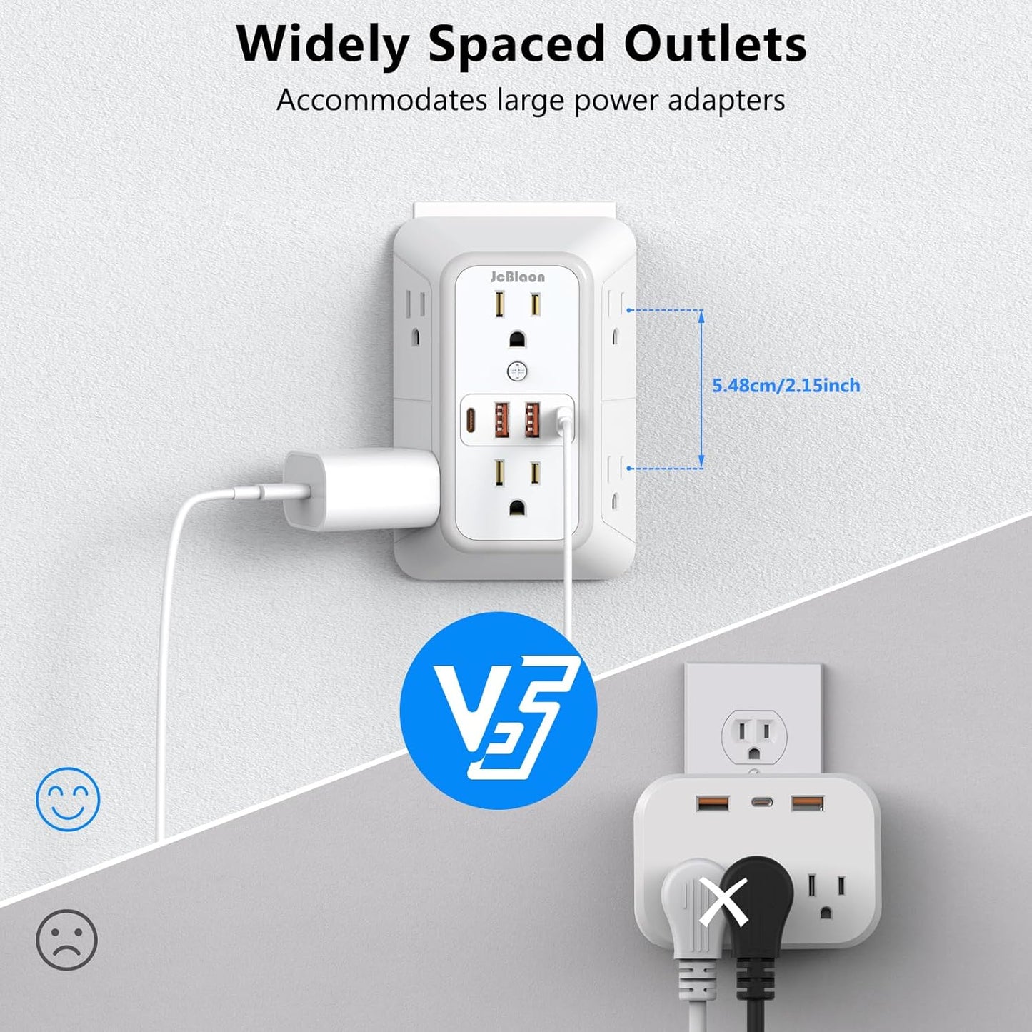 2 Pack Outlet Extender Surge Protector, 6 Outlet Splitter with 4 USB Outlet (2 USB A,2 USB C), 3Sided Power Strip with Adapter Spaced Outlets for Home, Office, Travel(White)
