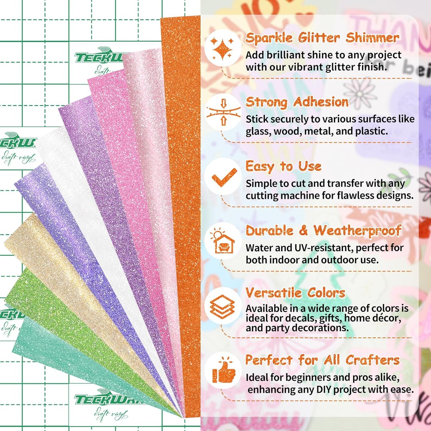 TECKWRAP Glitter Adhesive Vinyl, 12" x 12" 9 Glitter Colors with 1 High Tack Transfer Tape, Permanent Craft Vinyl for Scrap-Booking, Decals, DIY Projects, Home Decor, DIY Project Party Decoration