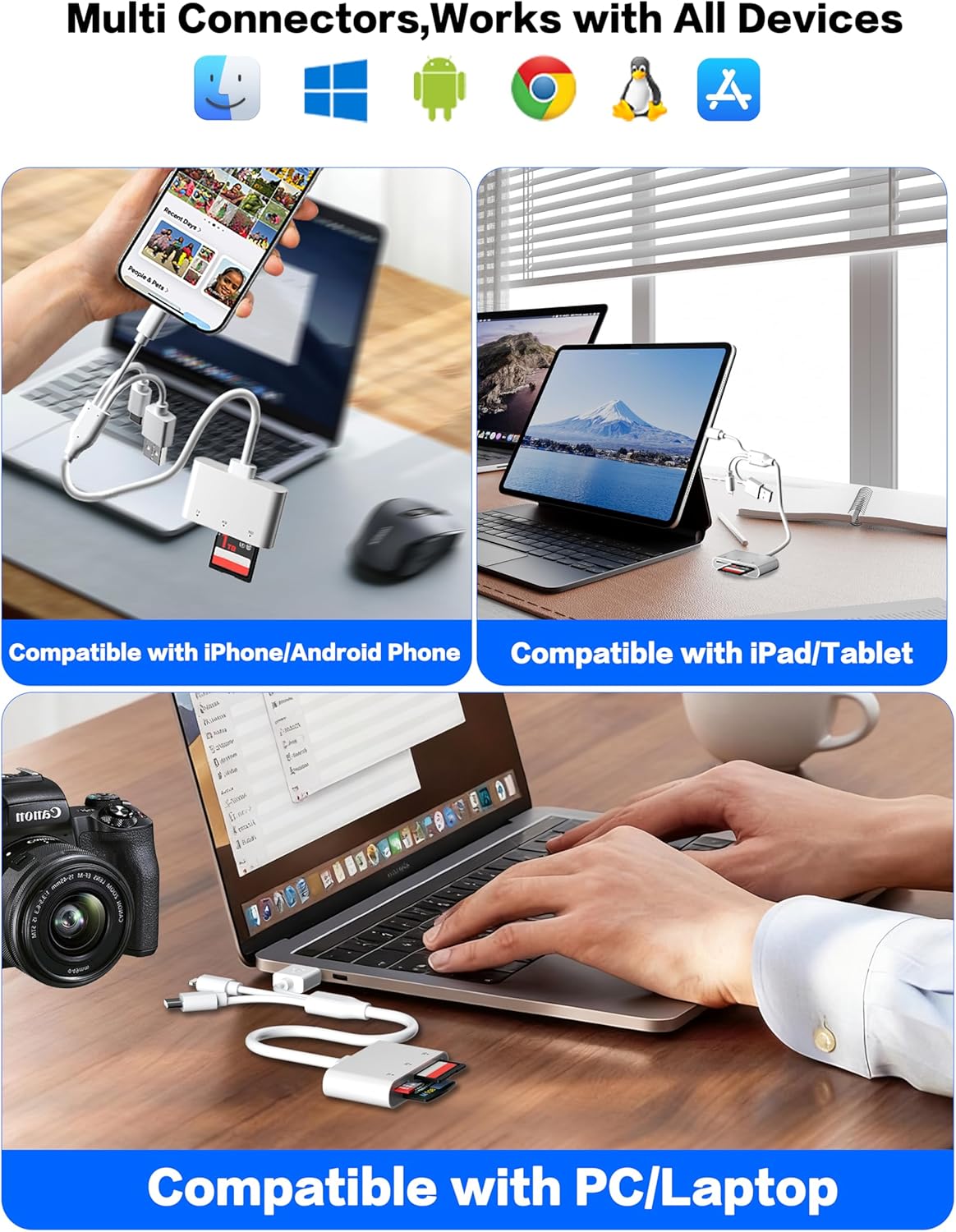 XD/TF/SD to iPhone Adapter Reader with USB-C, USB-A, Lightning - 3in1 SD MicroSD xD-Picture Card Reader, OTG Adapter SD Card Adapter for Smartphone/iPhone 17/16/15/14/13/iPad/PC/Android/Macbook/Camera