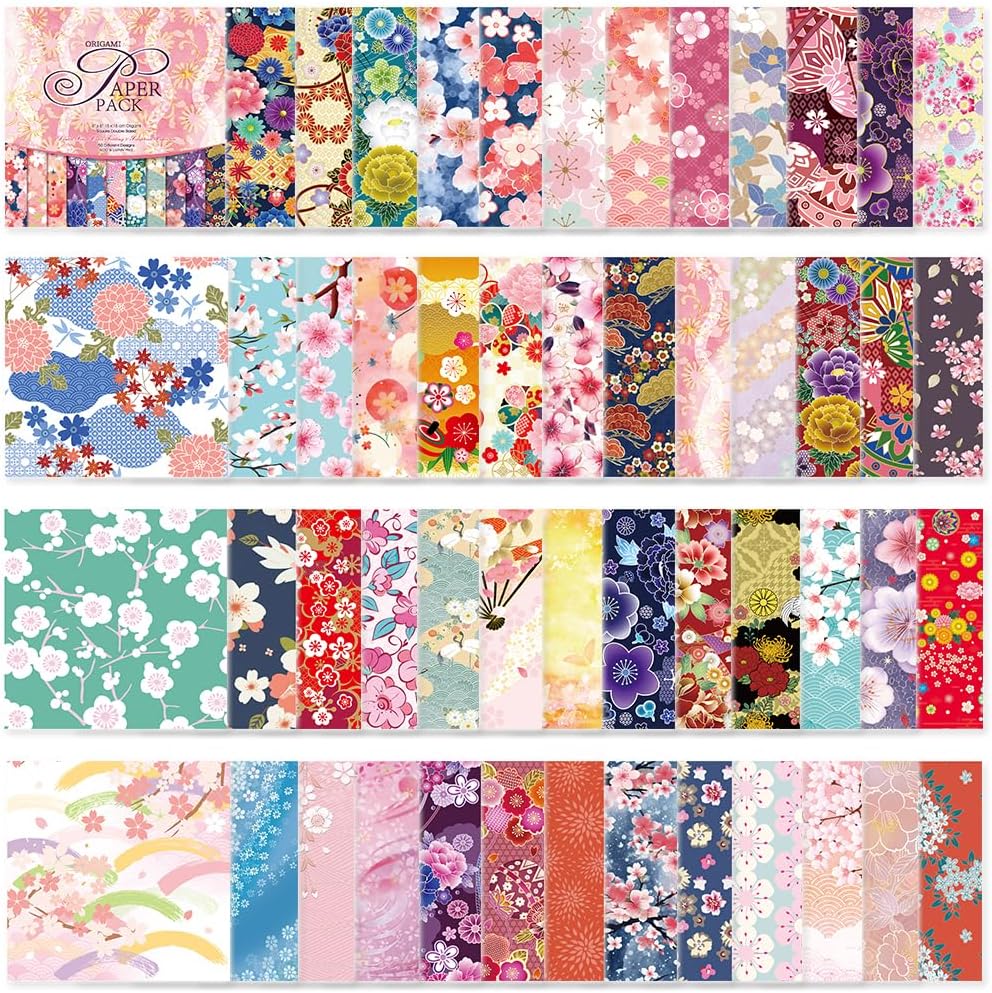 Origami Paper Kit 50 Sheets 70GSM 6 Inch Square Double Sided Color 50 Vivid Japanese Washi Chiyo Colors for Hand Crafts Origami Paper Arts Creativity.Japanese Sakuras