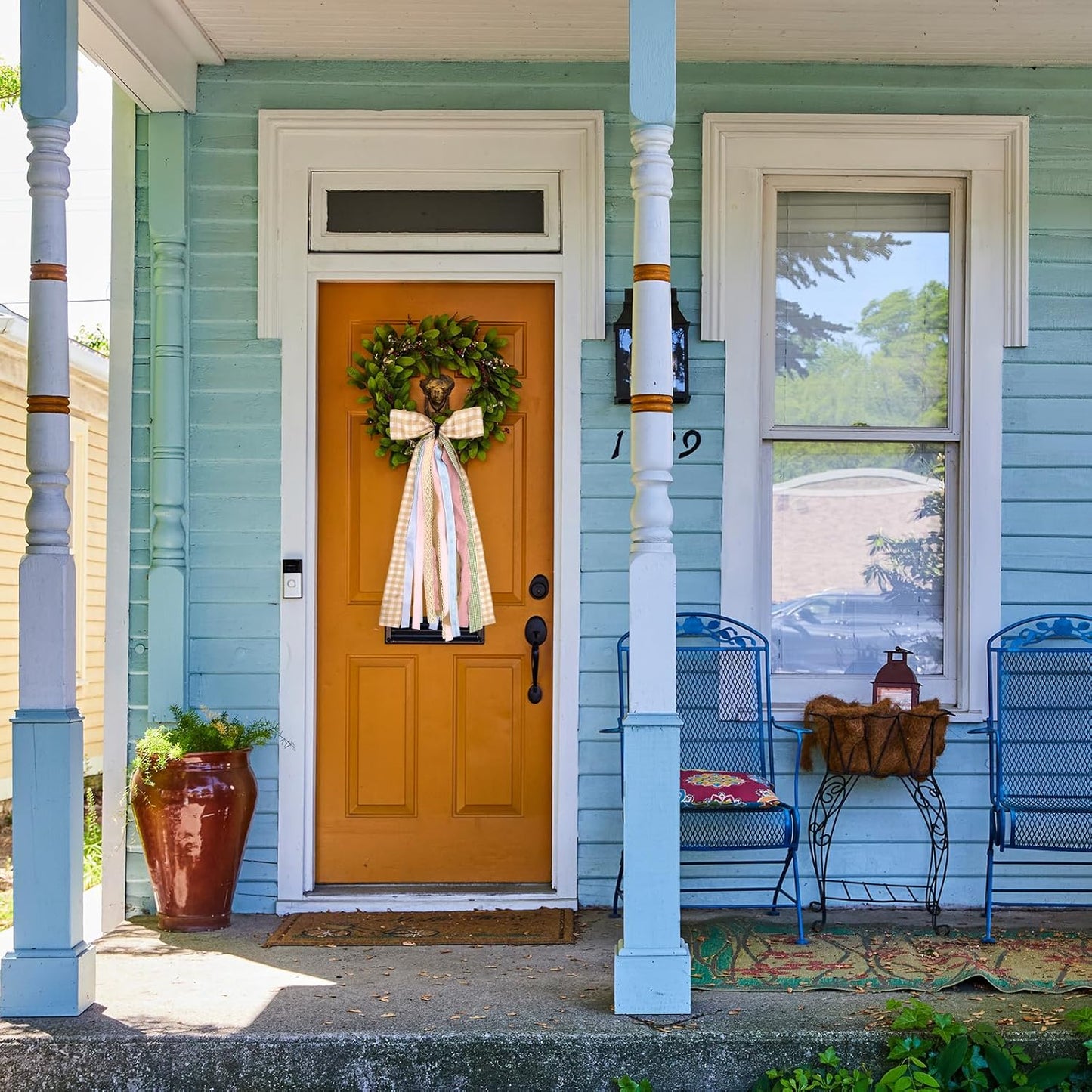 Large Fall Ribbons Bow for Wreath, Orange White Buffalo Plaid Fabric Ribbons Set Assorted Lace Ribbon Blue Pink Clip-On Wreath Sash Ribbon Bundle for Fall Thanksgiving Home Indoor Outdoor Decor