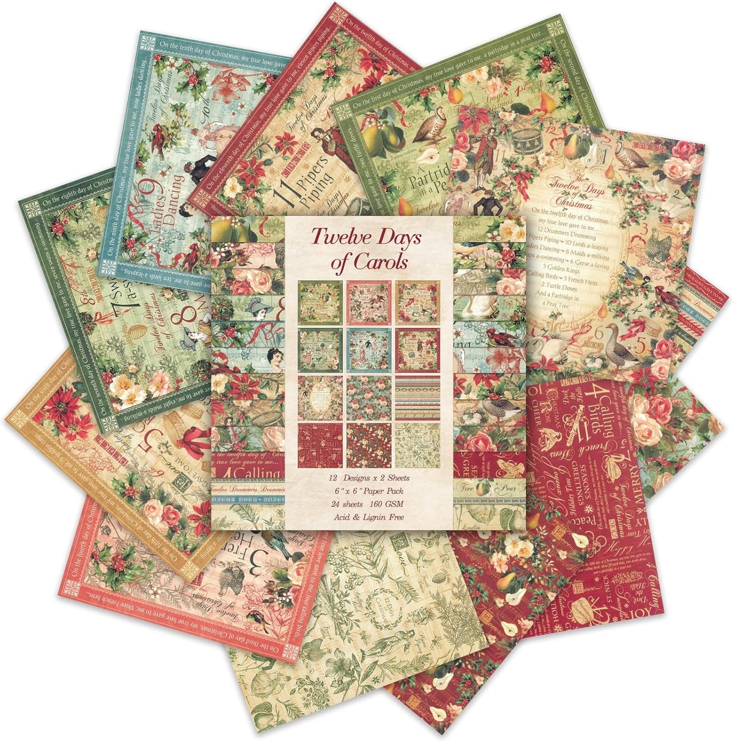 24 Sheets 12 Designs Scrapbook Paper Pad,6"×6” Single-Sided Decopodge Craft Cardstock Paper,Scrapbooking DIY Decorative Background Cardmaking Supplies.Carols